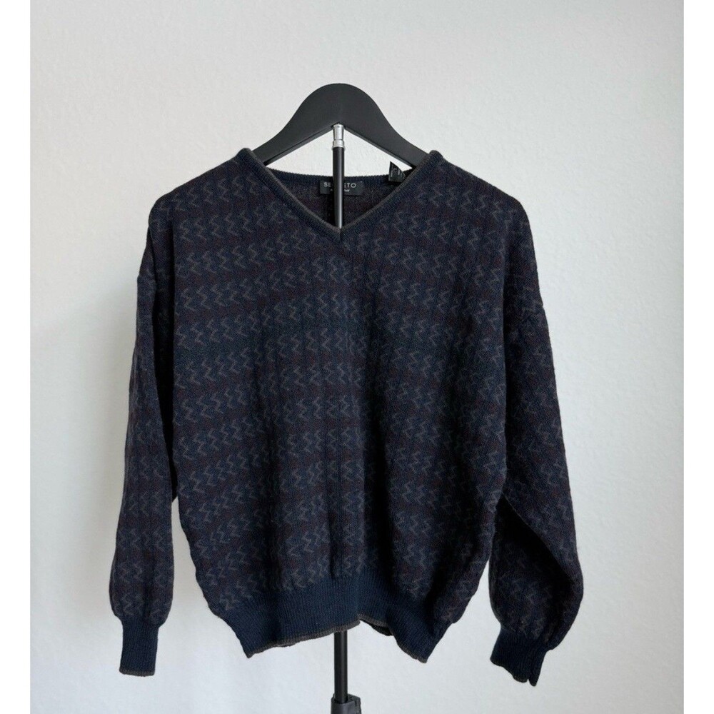 Segreto Sweater Mens Large Blue Wool Blend Pullover V Neck Made In Italy